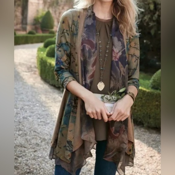 Soft Surroundings Tea Garden Asymmetrical Topper Floral Cardigan Sz PM - Picture 1 of 12